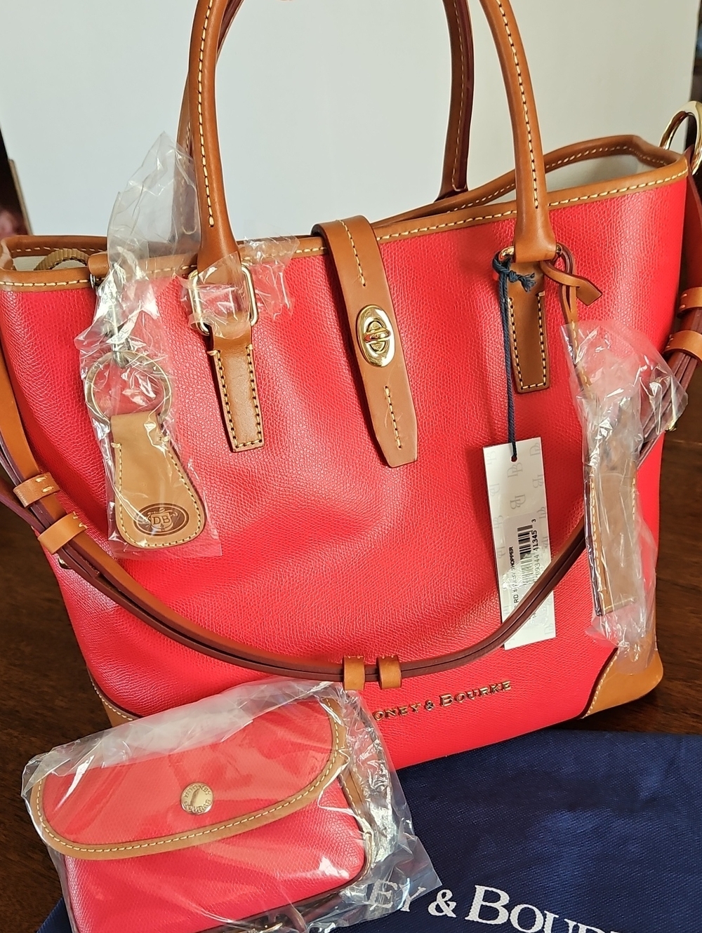 ⚘️ Dooney & Bourke Red Leather Shelby Shopper with Purse, Luggage Tag & Key Fob